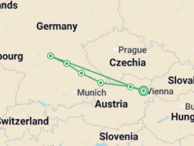 Map of Germany Tour with 6 destination visits for the trip: Christmas on the Danube featuring a 6-Night Danube River Cruise