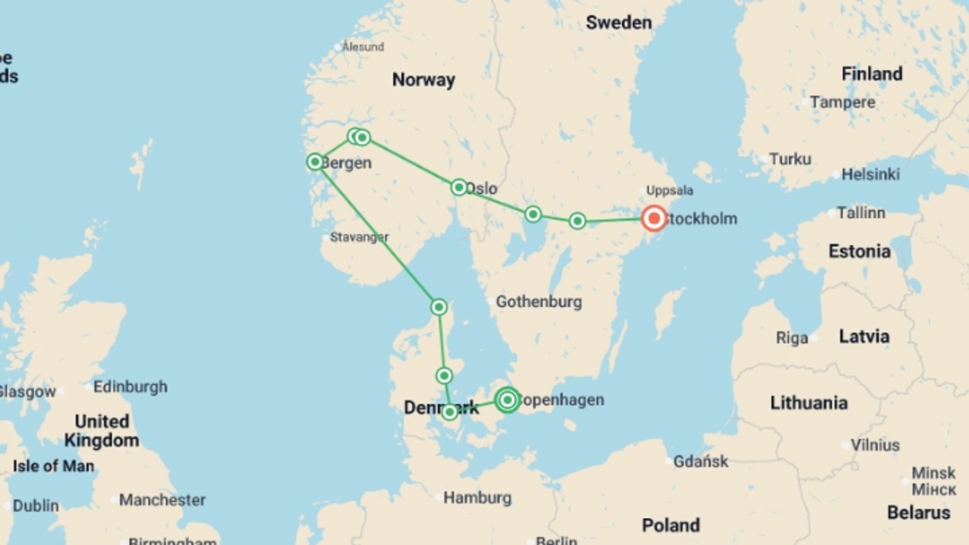 A map showing the tour itinerary for the trip: Scandinavian Escape, starting in Copenhagen, Denmark and ending in Stockholm, Sweden going through 4 other destinations.