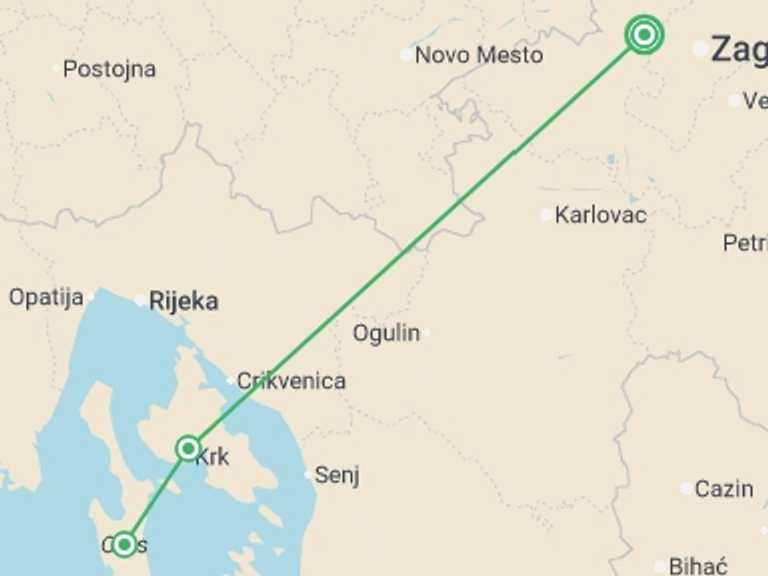 Map itinerary of Mediterranean Tour in May 2026 with 3 destination visits for the trip: Walking North Croatia's Islands & Lakes