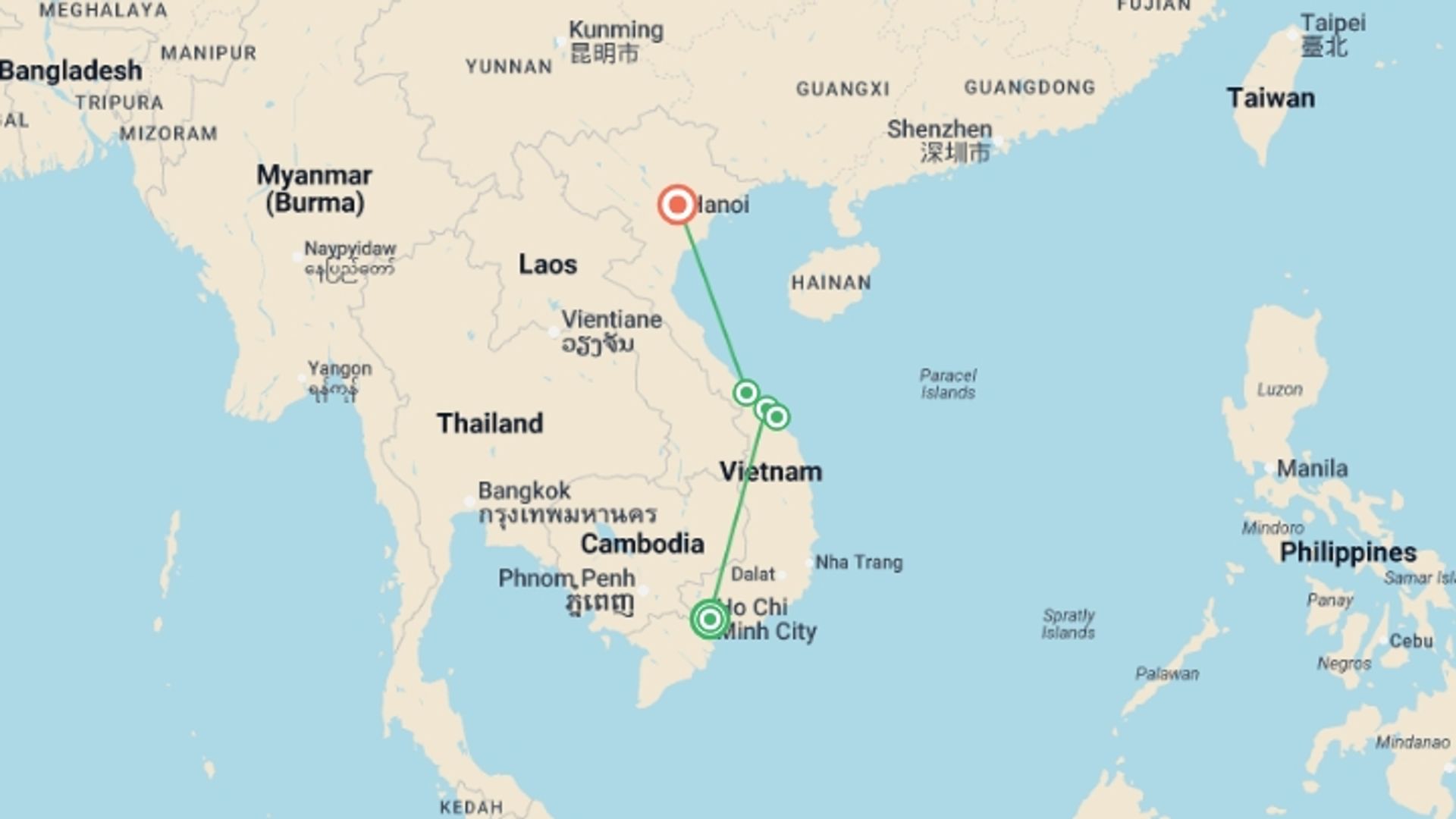 A map showing the tour itinerary for the trip: Simply Vietnam, starting in Ho Chi Minh City, Vietnam and ending in Hanoi, Vietnam going through 2 other destinations.