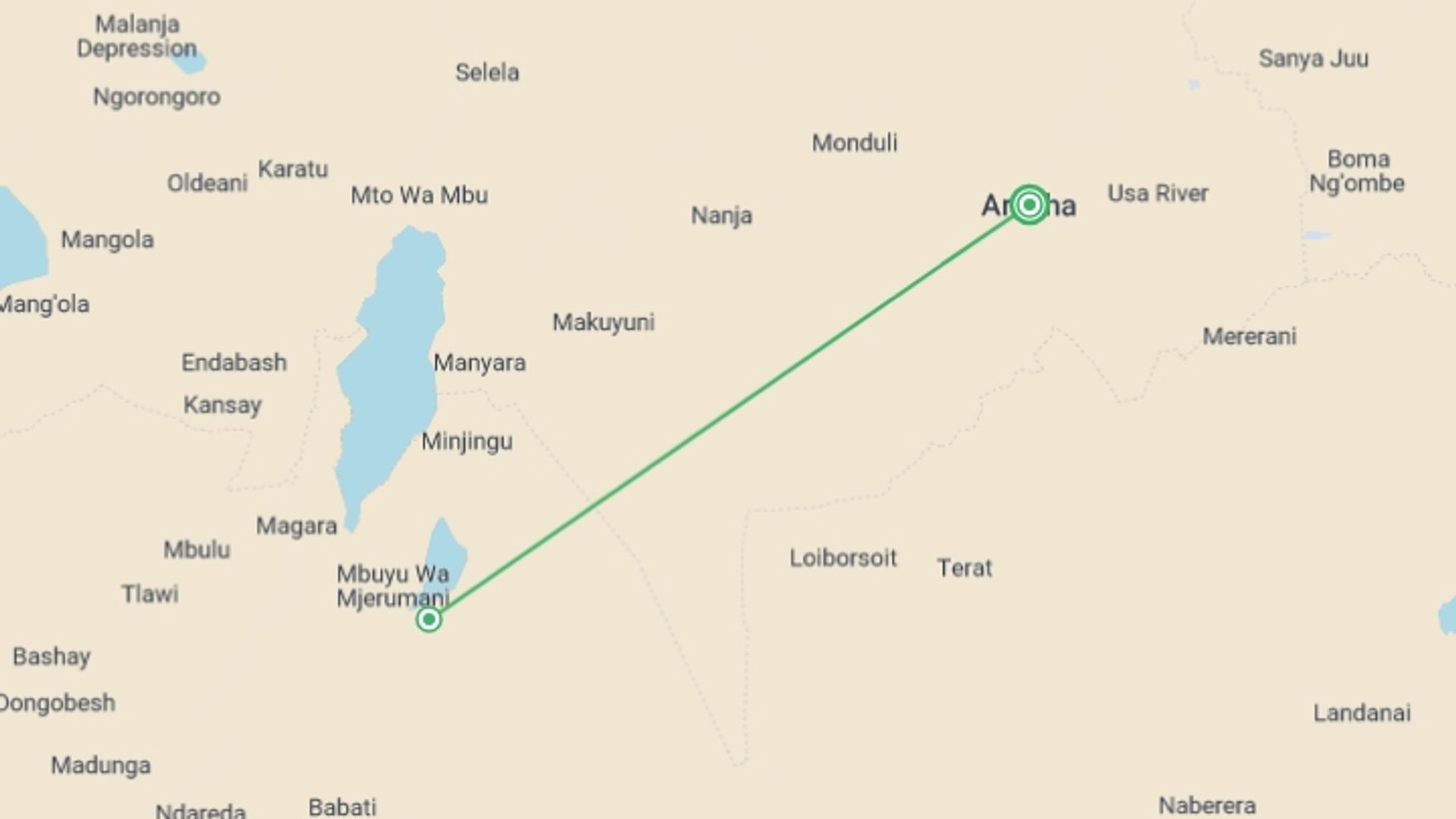 A map showing the tour itinerary for the trip: 2-Day Tarangire and Ngorongoro Crater Safari, starting in Arusha, Tanzania and ending in Arusha, Tanzania going through 2 other destinations.