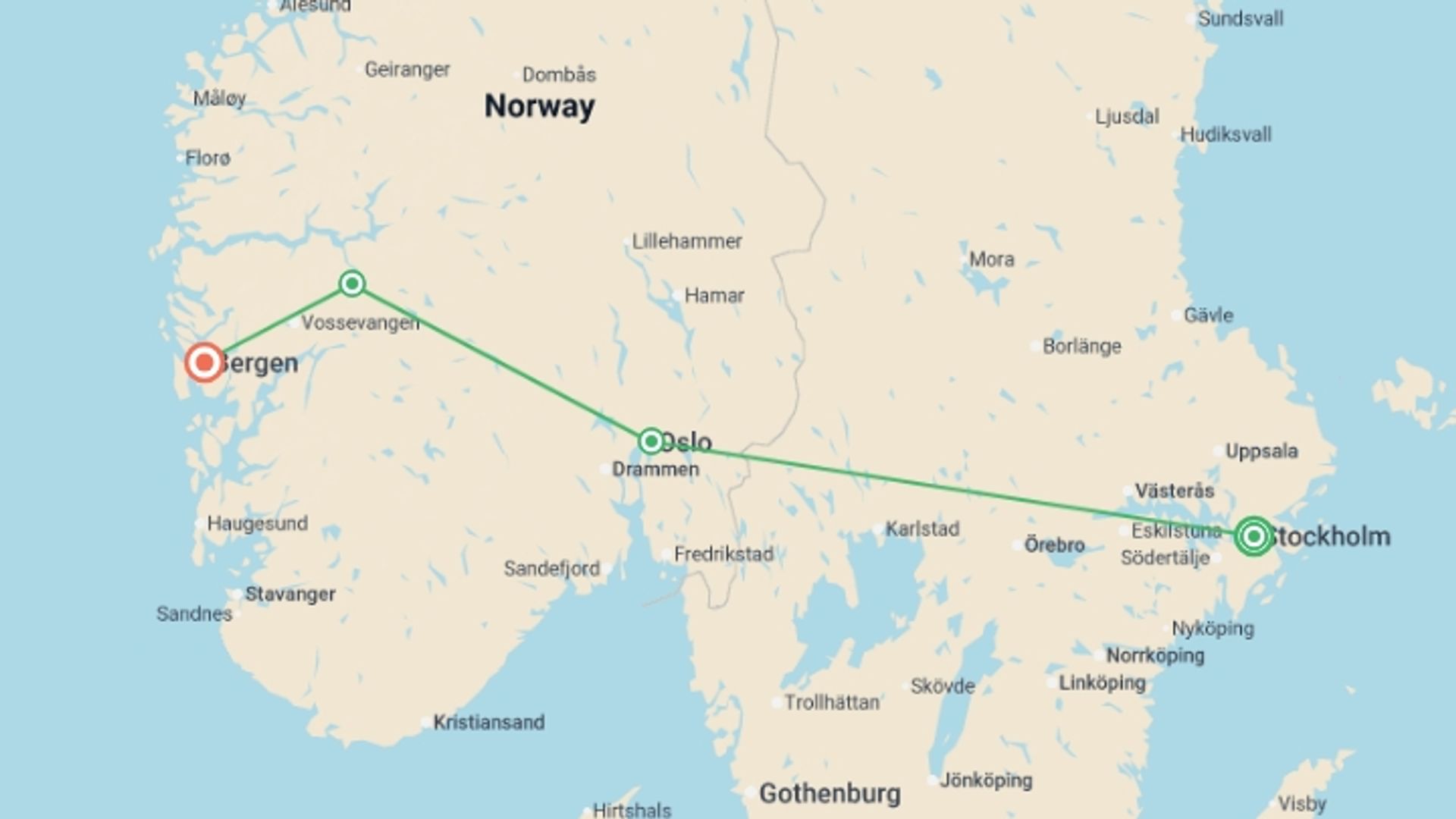 A map showing the tour itinerary for the trip: Premium Sweden and Norway, starting in Stockholm, Sweden and ending in Bergen, Norway going through 2 other destinations.