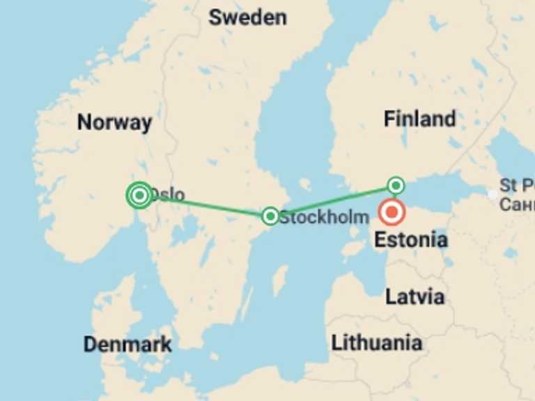 Map itinerary of Northern Europe Tour in August 2026 with 4 destination visits for the trip: Nordic Capitals Discovery Adventure - 8 days