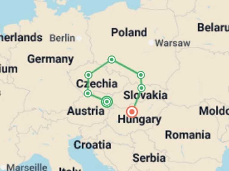 Map itinerary of Prague Tour in June 2026 with 7 destination visits for the trip: Best of Central Europe
