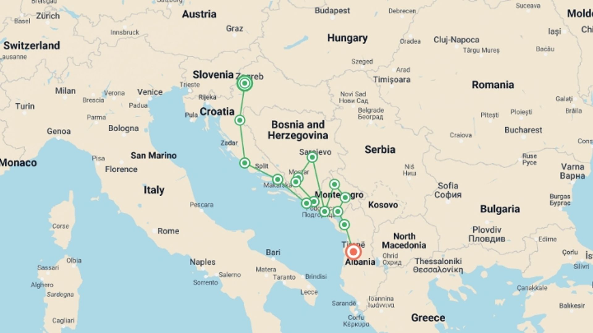A map showing the tour itinerary for the trip: Classic Balkans:  Zagreb to Tirana, starting in Zagreb, Croatia and ending in Tirana, Albania going through 13 other destinations.