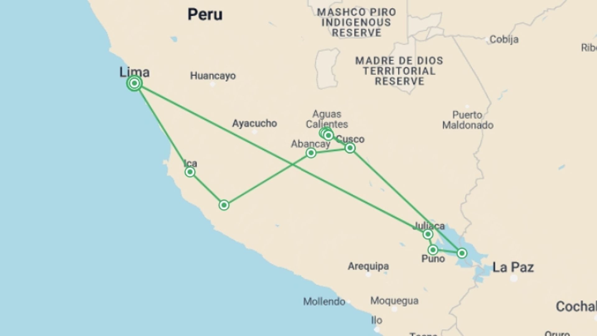 A map showing the tour itinerary for the trip: Inca Trail, Titicaca & Nazca, starting in Lima, Peru and ending in Lima, Peru going through 12 other destinations.