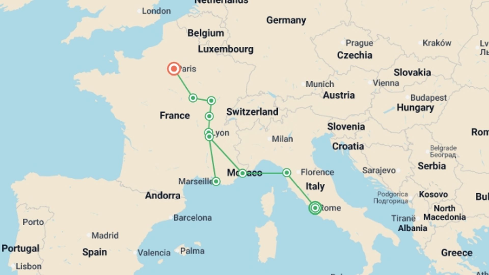 A map showing the tour itinerary for the trip: Rome and Best of France, starting in Rome, Italy and ending in Paris, France going through 4 other destinations.