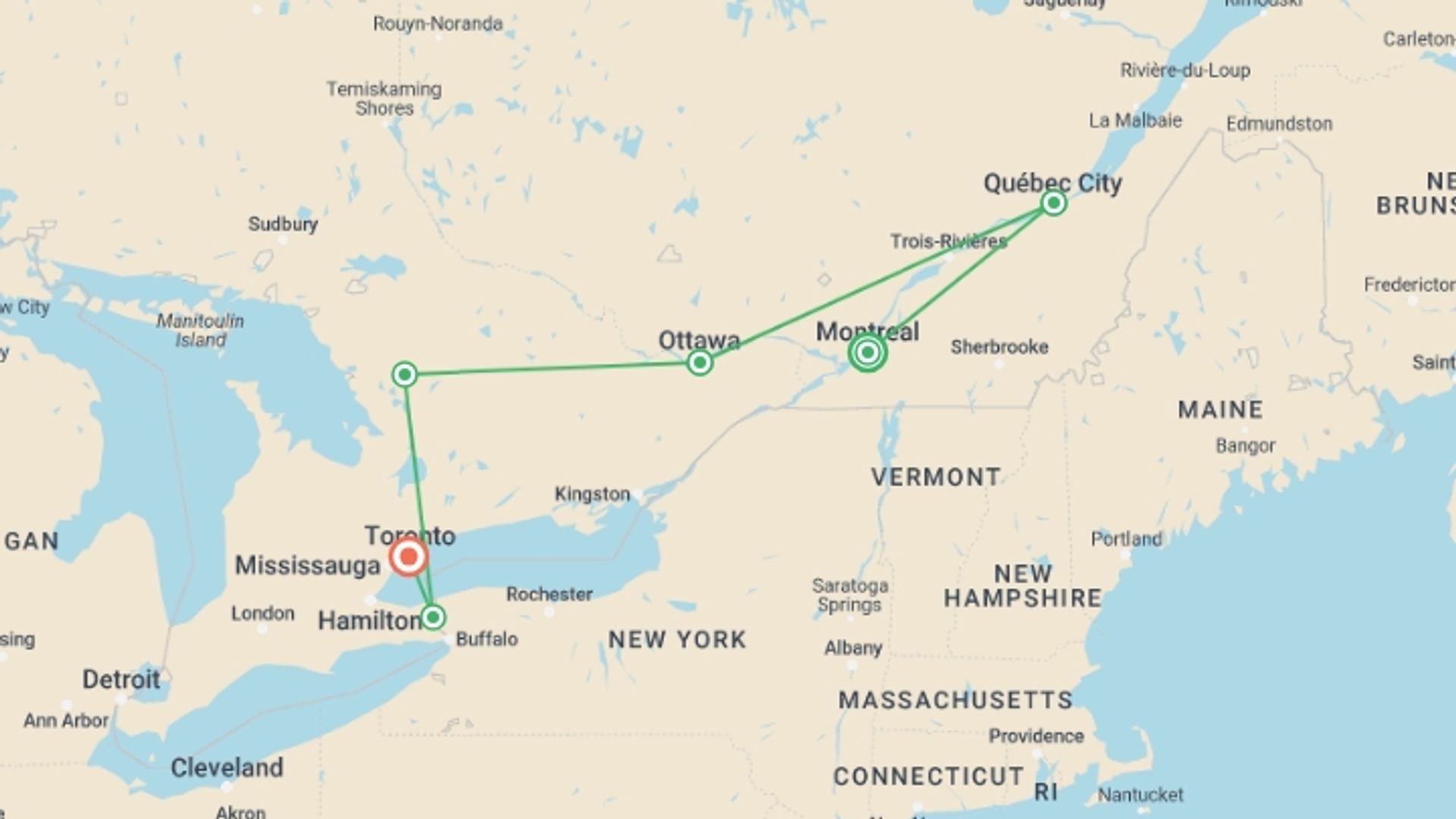 A map showing the tour itinerary for the trip: Eastern Explorer Mini Tour: Montreal Departure, starting in Montreal, Canada and ending in Toronto, Canada going through 4 other destinations.