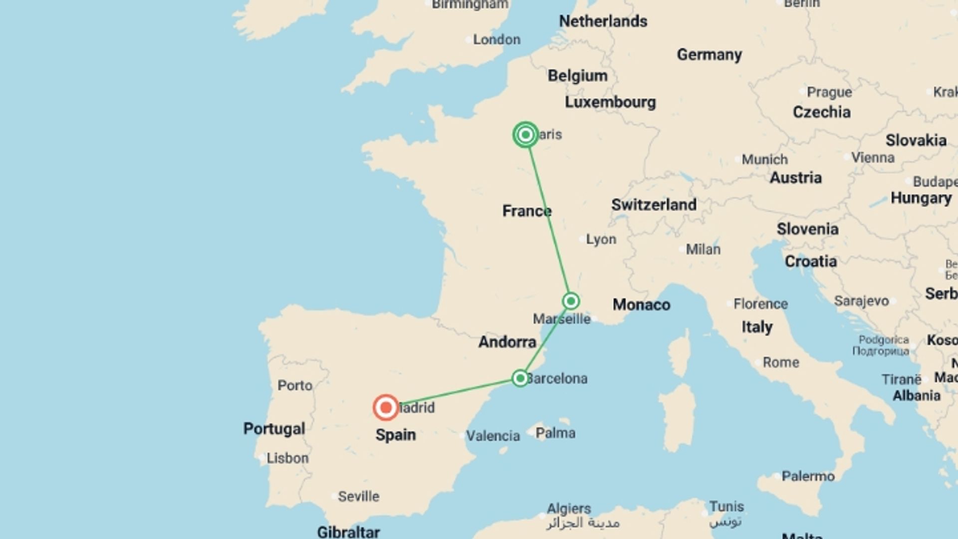 A map showing the tour itinerary for the trip: Paris to Madrid by Rail, starting in Paris, France and ending in Madrid, Spain going through 2 other destinations.