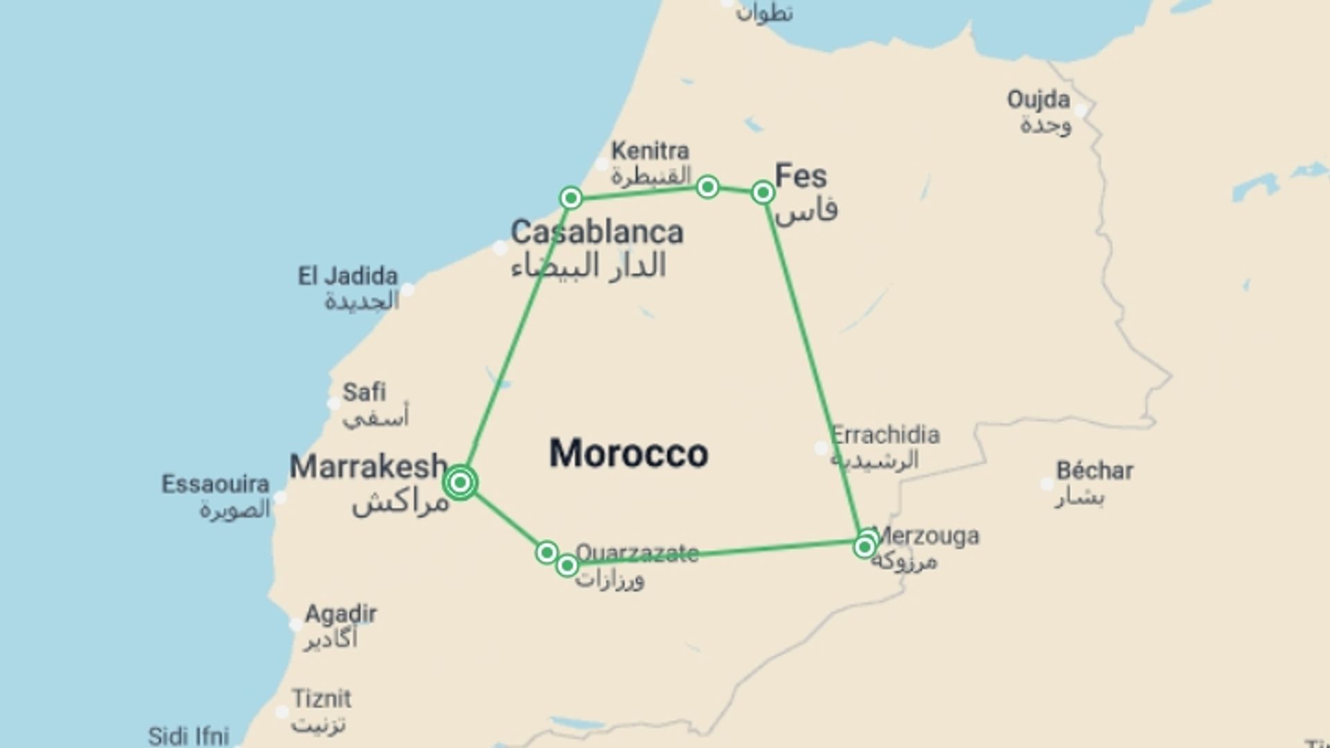 A map showing the tour itinerary for the trip: Imperial Cities & Deserts - 10 days, starting in Marrakech, Morocco and ending in Marrakech, Morocco going through 5 other destinations.