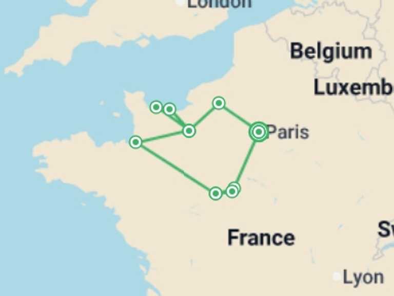 Map of France Local culture Tour with 4 destination visits for the trip: Treasures of France Including Normandy
