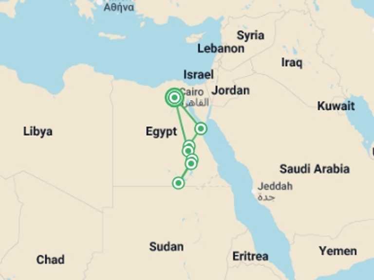 Map itinerary of Mediterranean Tour in Spring with 5 destination visits for the trip: Cairo, Nile Valley & Red Sea Resort - 10 days