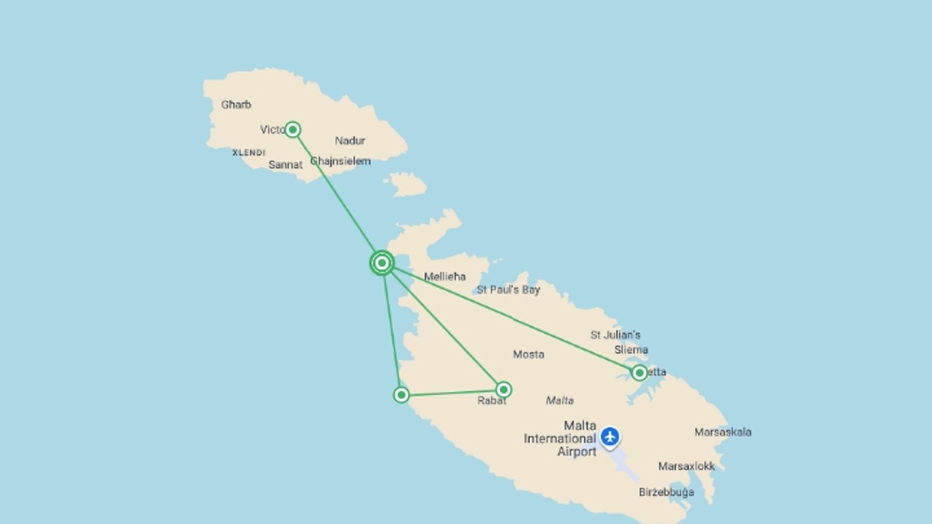A map showing the tour itinerary for the trip: Malta & Gozo Explorer - 8 days, starting in Mellieha, Malta and ending in Mellieha, Malta going through 1 other destinations.