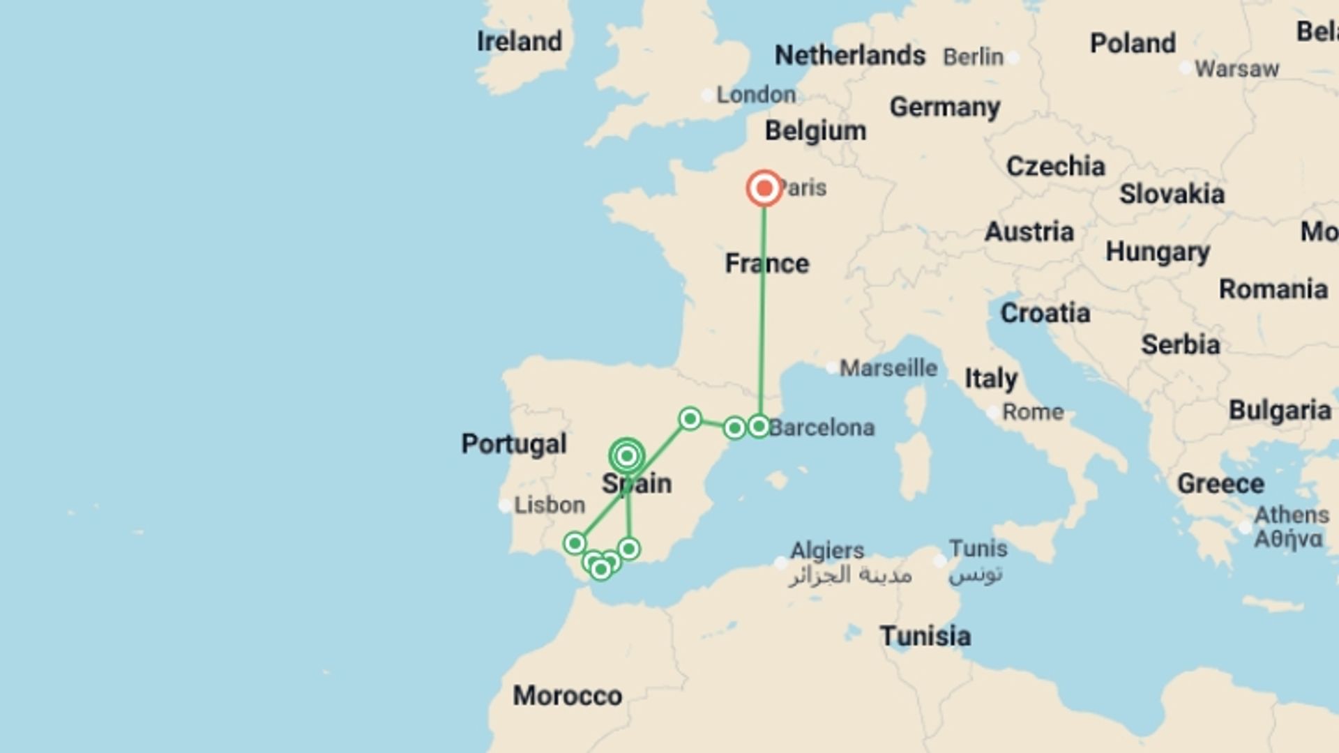 A map showing the tour itinerary for the trip: Classical Spain with Paris, starting in Madrid, Spain and ending in Paris, France going through 4 other destinations.
