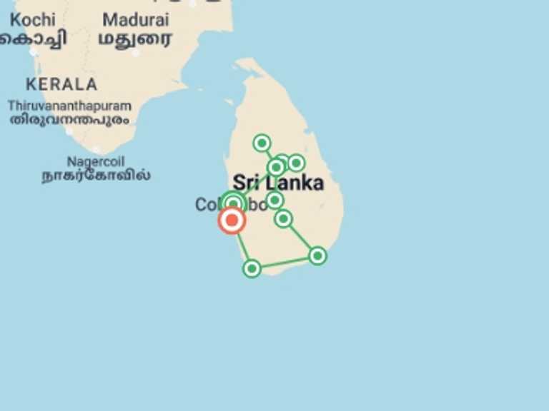 Map of Sri Lanka Tour with 7 destination visits for the trip: Premium Sri Lanka in Depth