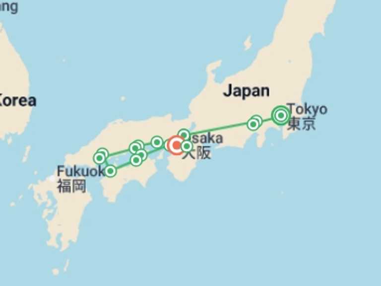 Map of 12-Day Osaka Tour with 8 destination visits for the trip: Magic of Japan