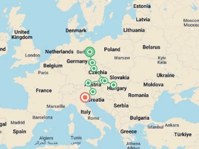 Map of 15-Day Europe Tour with 9 destination visits for the trip: Berlin to Venice
