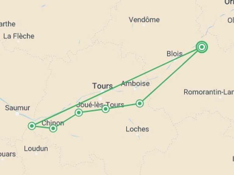 Map of Europe Trekking and Hiking Tour with 6 destination visits for the trip: Loire Vineyard Trails