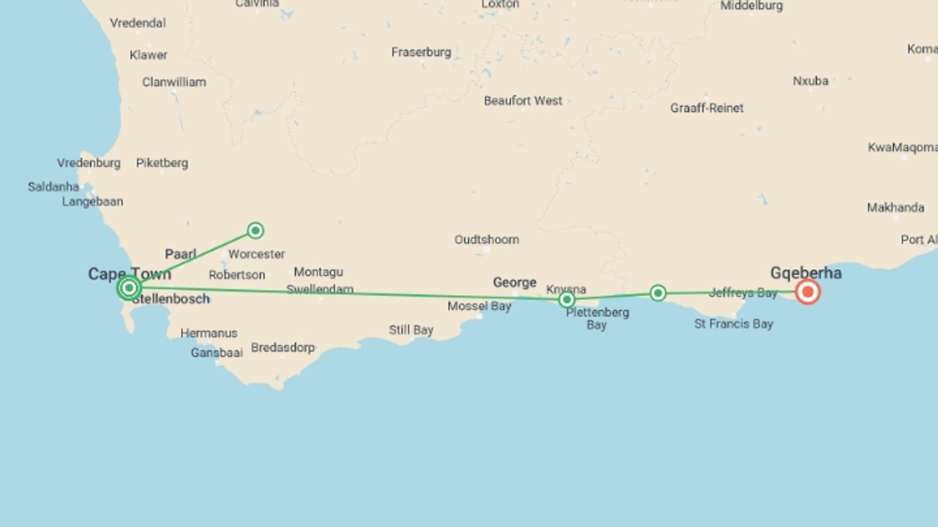 A map showing the tour itinerary for the trip: Cape Town & Garden Route Experience in 13 days, starting in Cape Town, South Africa and ending in Port Elizabeth, South Africa going through 7 other destinations.