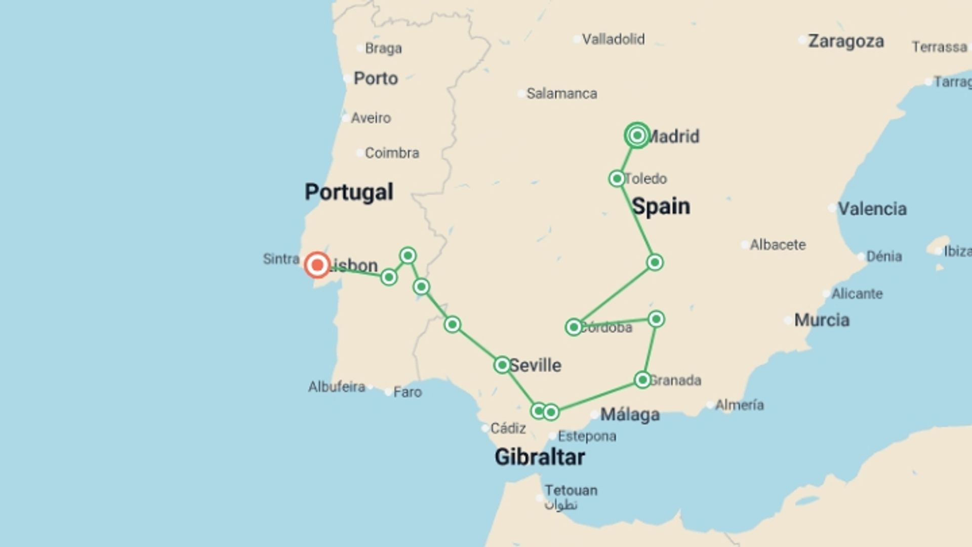 A map showing the tour itinerary for the trip: Iberian Inspiration, starting in Madrid, Spain and ending in Lisbon, Portugal going through 7 other destinations.
