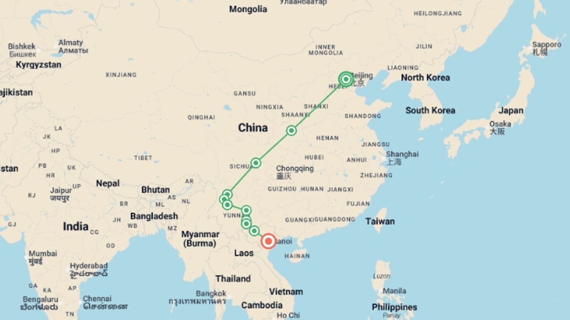 A map showing the tour itinerary for the trip: China & Vietnam: Beijing to Sapa Adventure, starting in Beijing, China and ending in Hanoi, Vietnam going through 9 other destinations.