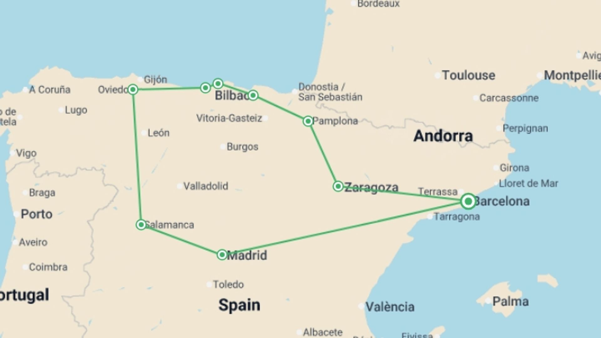 A map showing the tour itinerary for the trip: 4-day Northern Spain Highlights: From Barcelona To Madrid (c-742), starting in Barcelona, Spain and ending in Barcelona, Spain going through 5 other destinations.