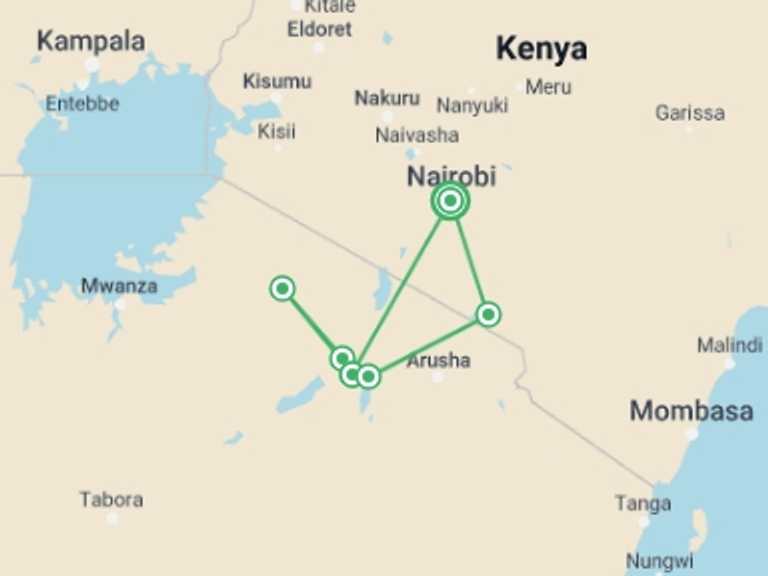Map of Africa Wildlife safaris and game drives Tour with 7 destination visits for the trip: Serengeti Trail