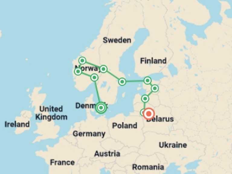 Map of a Adventure Tour with 12 destination visits for the trip: Scandinavia and Best of Baltics
