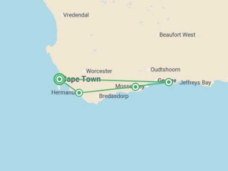 Map itinerary of Africa Tour in September 2026 with 4 destination visits for the trip: Wonders of the Western Cape