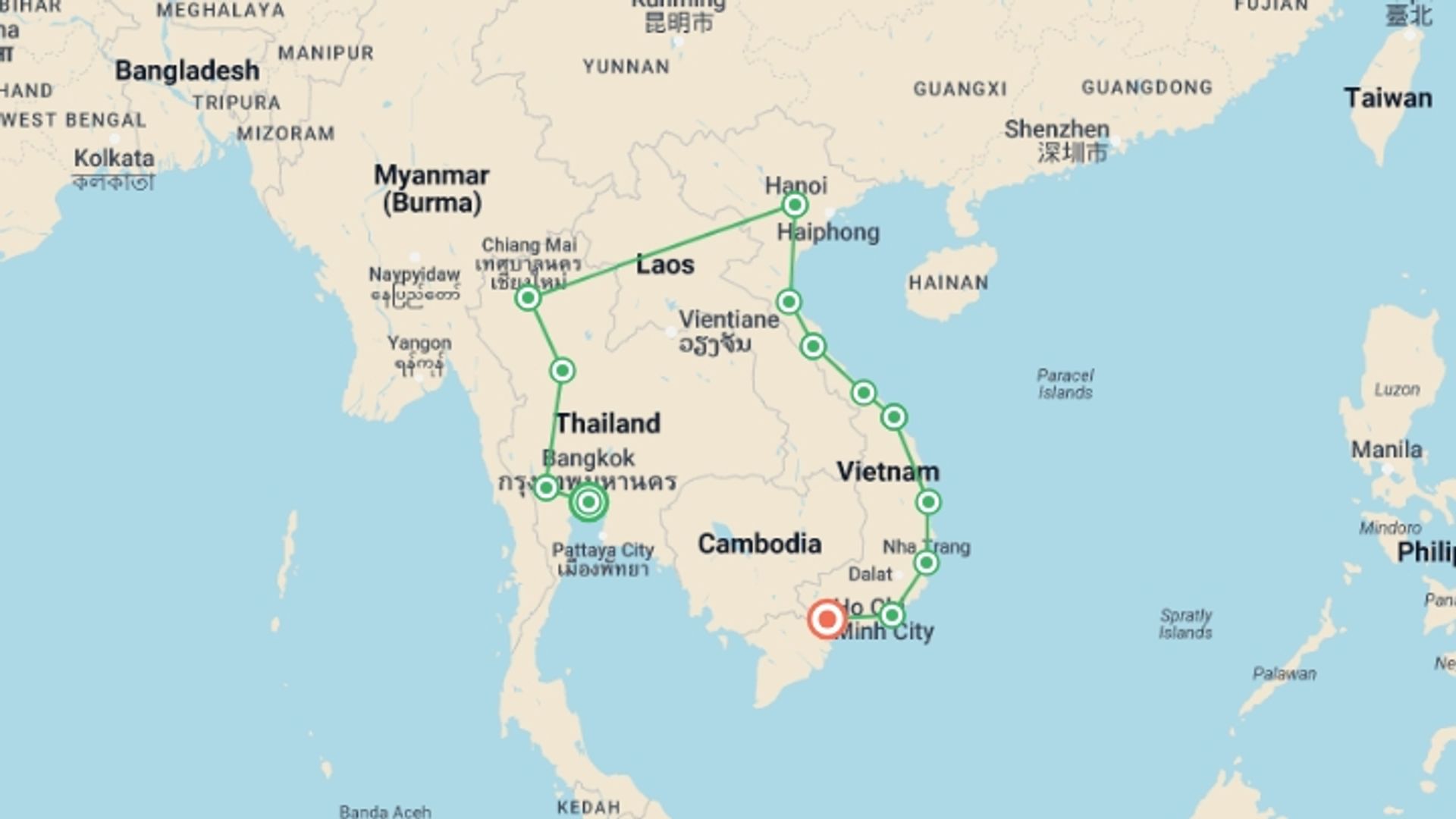 A map showing the tour itinerary for the trip: Thailand & Vietnam: Mountains & Coastlines, starting in Bangkok, Thailand and ending in Ho Chi Minh City, Vietnam going through 11 other destinations.