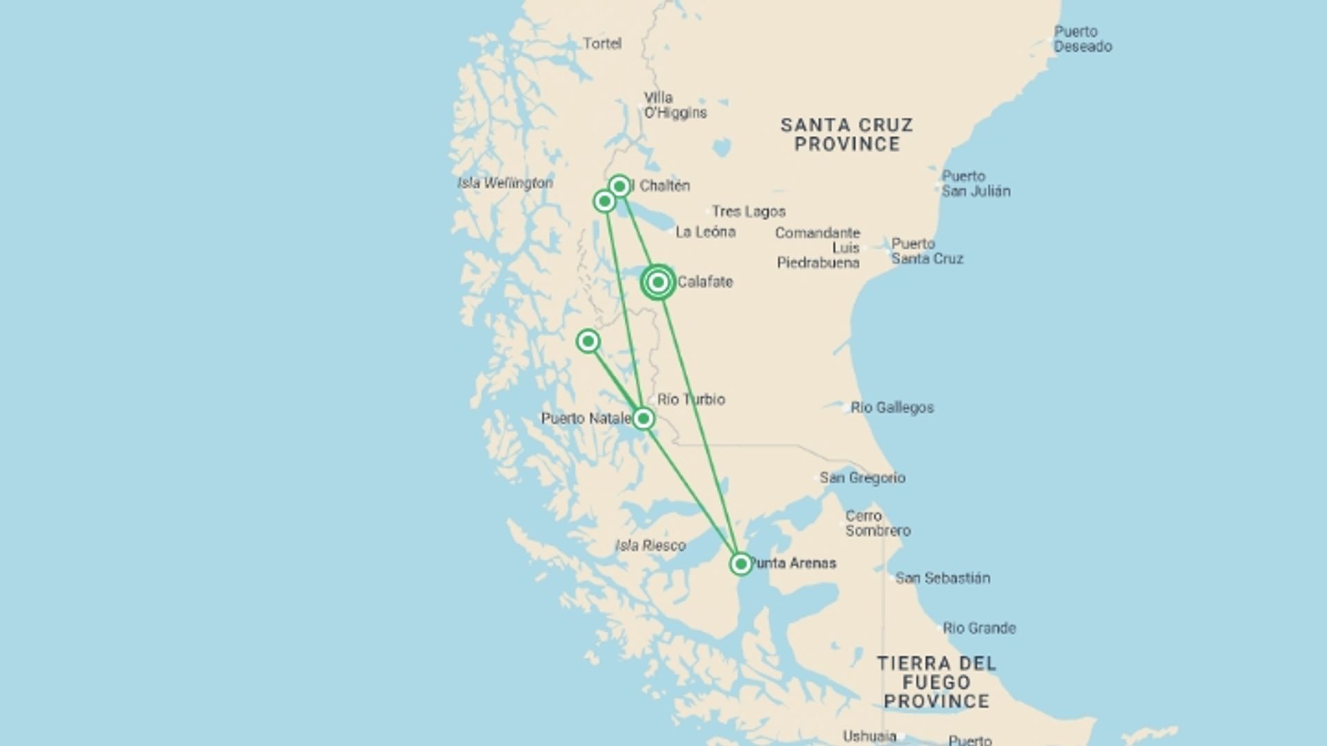 A map showing the tour itinerary for the trip: Patagonia Adventure, starting in El Calafate, Argentina and ending in El Calafate, Argentina going through 6 other destinations.