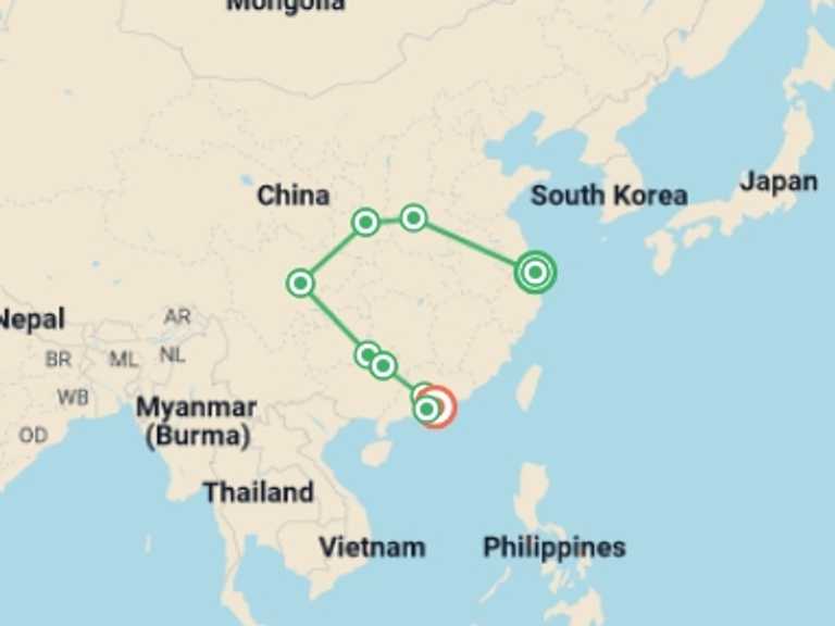 Map of a Explorer Tour with 9 destination visits for the trip: Amazing China Macau and Hong Kong