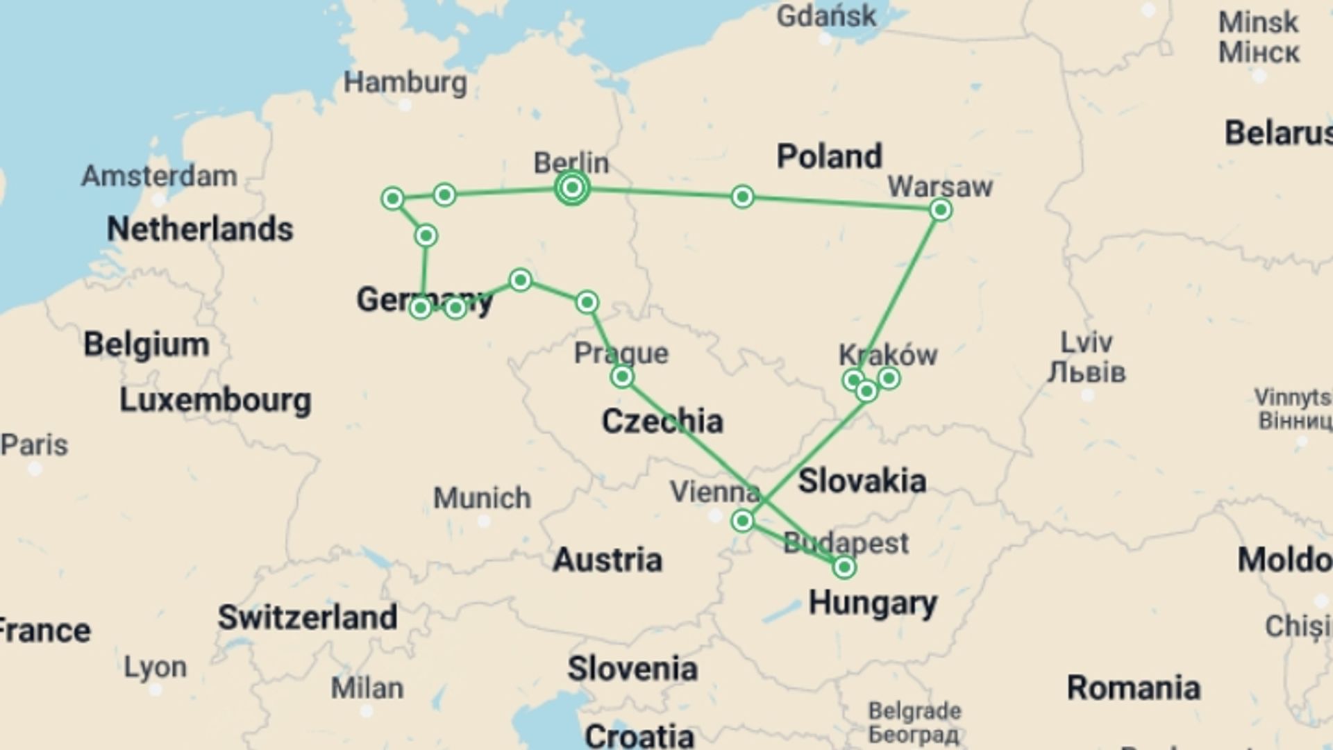 A map showing the tour itinerary for the trip: Berlin, Prague, Budapest, and the Best of Poland, starting in Berlin, Germany and ending in Berlin, Germany going through 8 other destinations.