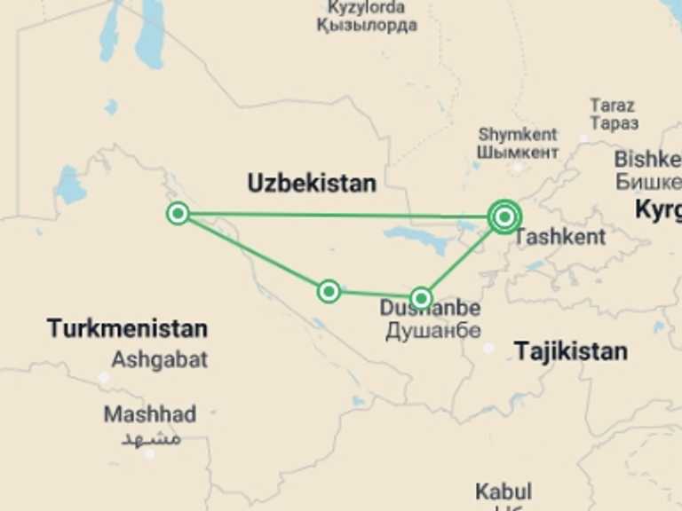 Map itinerary of Uzbekistan Tour in September 2025 with 4 destination visits for the trip: Solo-ish Uzbekistan