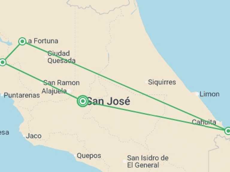 Map itinerary of Costa Rica Tour in December 2026 with 4 destination visits for the trip: Costa Rica: Hike, Bike & Raft