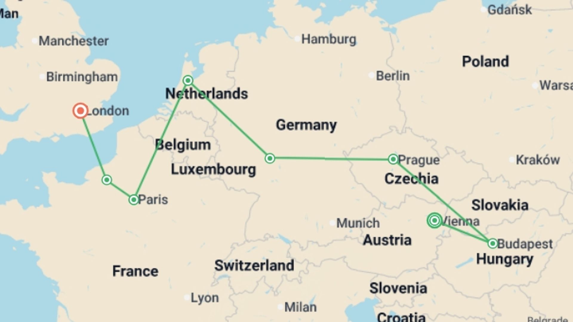 A map showing the tour itinerary for the trip: From East to West with London, starting in Vienna, Austria and ending in London, England going through 6 other destinations.