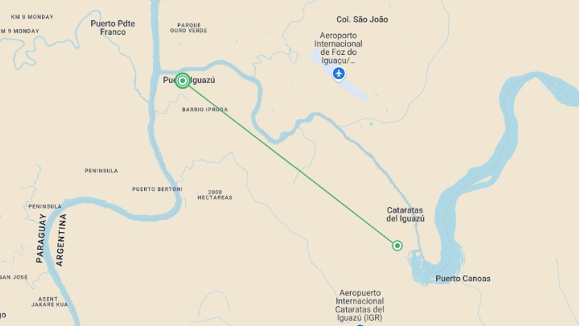 A map showing the tour itinerary for the trip: One Night in Iguazu Falls, starting in Puerto Iguazu, Argentina and ending in Puerto Iguazu, Argentina going through 1 other destinations.