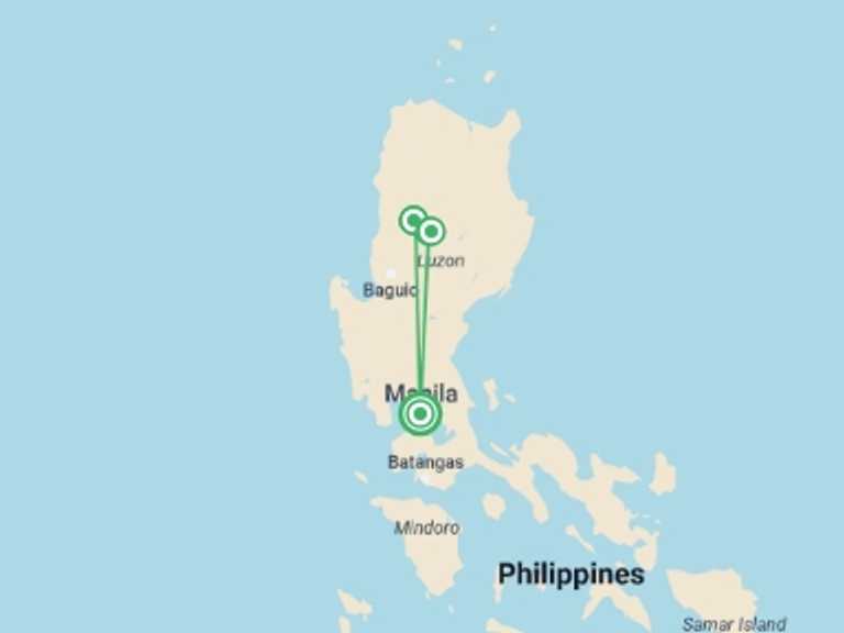 Map of Philippines Tour with 4 destination visits for the trip: Heritage of the Cordillera: Banaue, Batad & Sagada