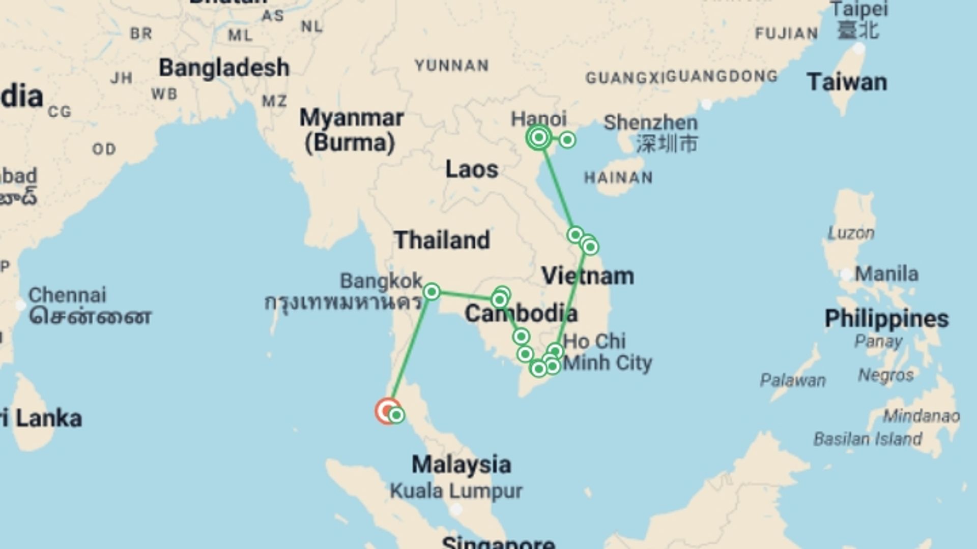 A map showing the tour itinerary for the trip: Endless Beauty of Vietnam, Cambodia & Thailand - 19 Days, starting in Hanoi, Vietnam and ending in Phuket, Thailand going through 13 other destinations.