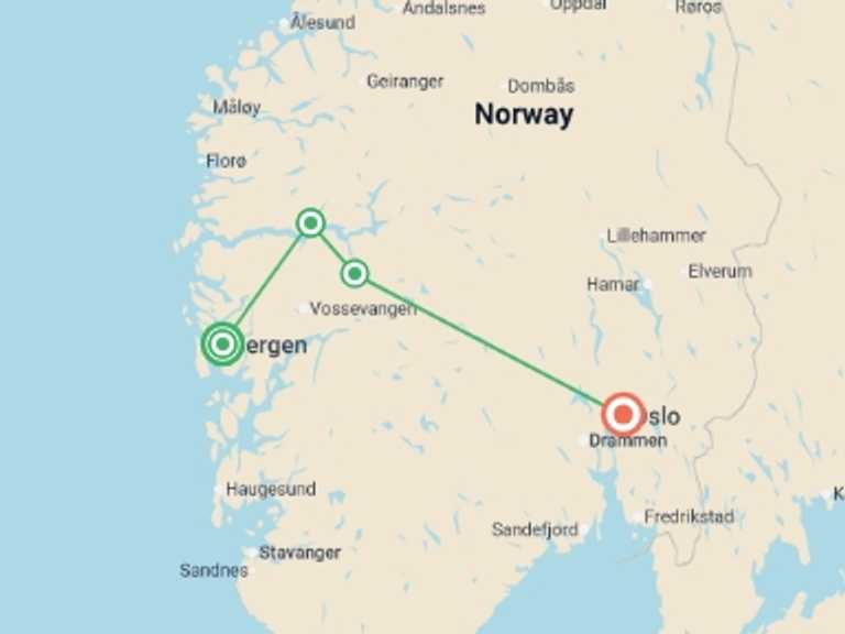 Map of a Glaciers Tour with 3 destination visits for the trip: Magic of the Fjords - 7 days