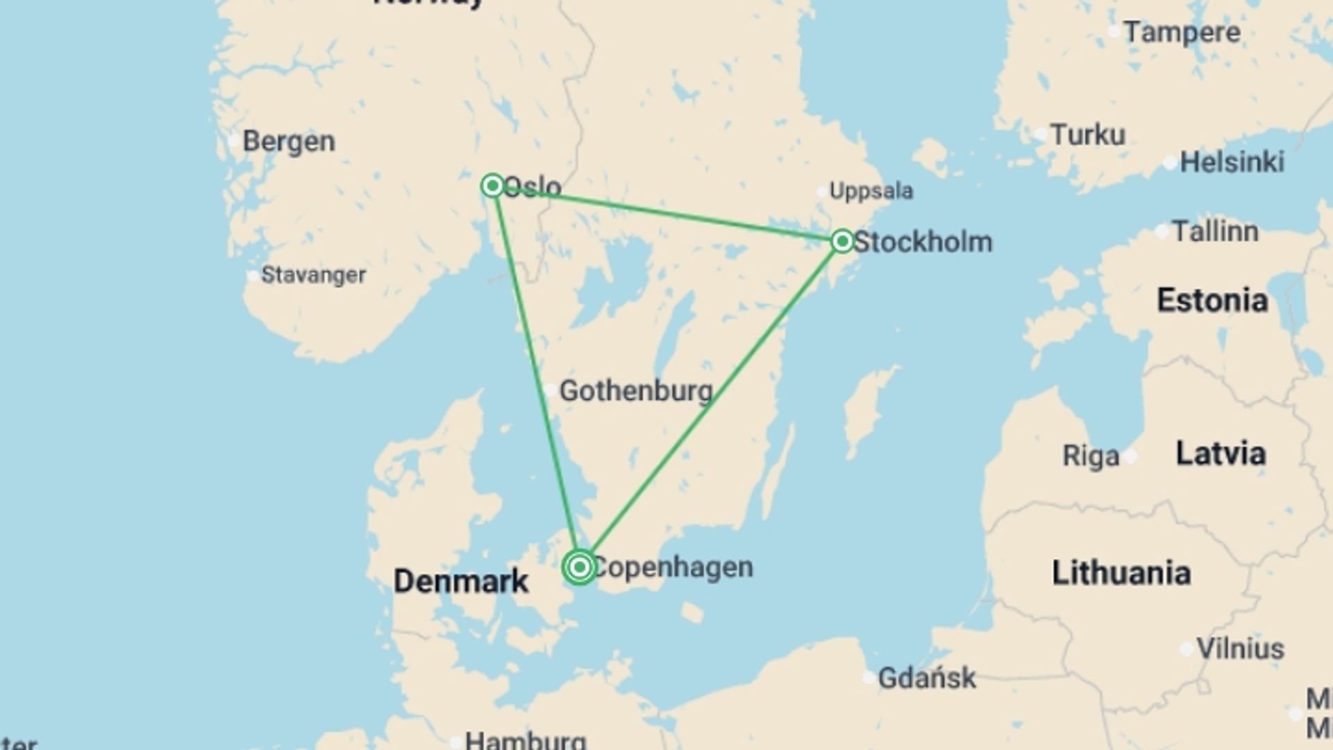 A map showing the tour itinerary for the trip: Copenhagen, Oslo & Stockholm - 10 days, starting in Copenhagen, Denmark and ending in Copenhagen, Denmark going through 2 other destinations.