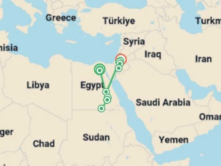 Map of Middle East Tour with 9 destination visits for the trip: Cairo to Amman (5 Star) - 15 days