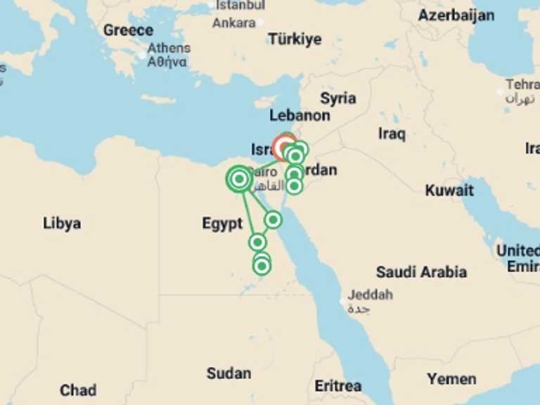 Map itinerary of Middle East Tour in February 2027 with 10 destination visits for the trip: Budget Egypt, Jordan & Israel - 18 days