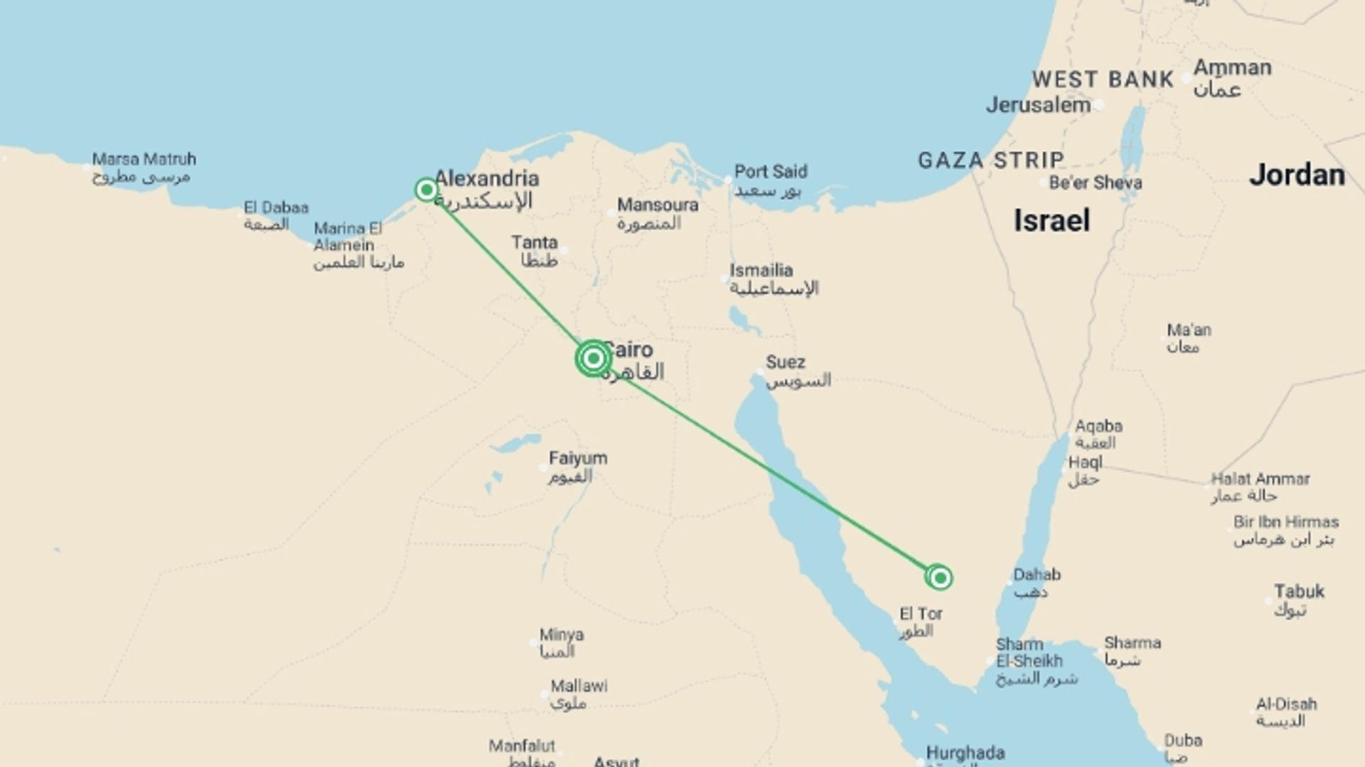 A map showing the tour itinerary for the trip: Biblical Cairo, Alexandria & Sinai - 9 days, starting in Cairo, Egypt and ending in Cairo, Egypt going through 3 other destinations.