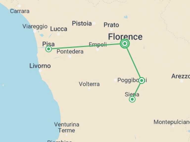 Map itinerary of Florence Tour in August 2026 with 2 destination visits for the trip: Tuscany Escape, Semi-private Tour