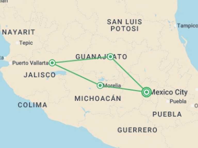 Map itinerary of Mexico Tour in March 2026 with 4 destination visits for the trip: Colonial Treasures Of Mexico 2026
