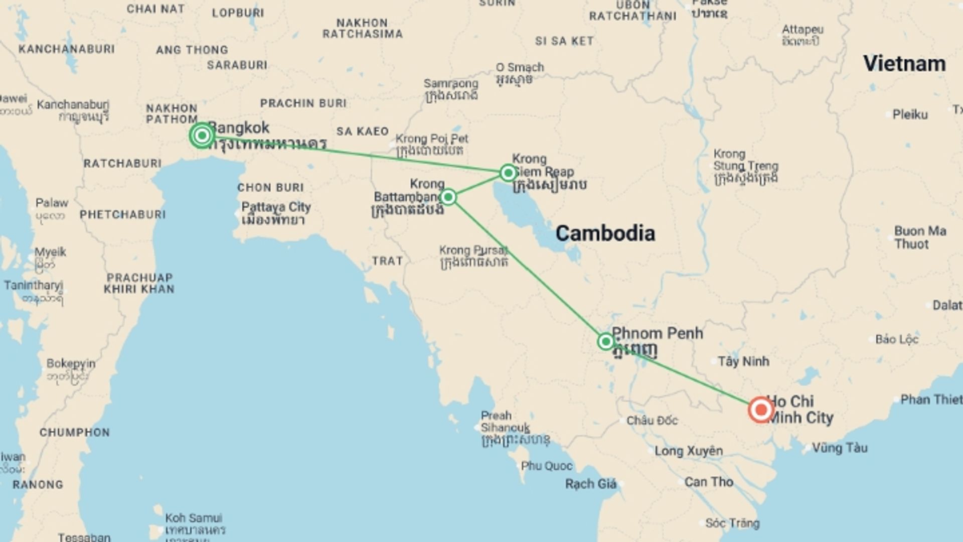 A map showing the tour itinerary for the trip: Journey through Cambodia: Bangkok to Saigon, starting in Bangkok, Thailand and ending in Ho Chi Minh City, Vietnam going through 3 other destinations.