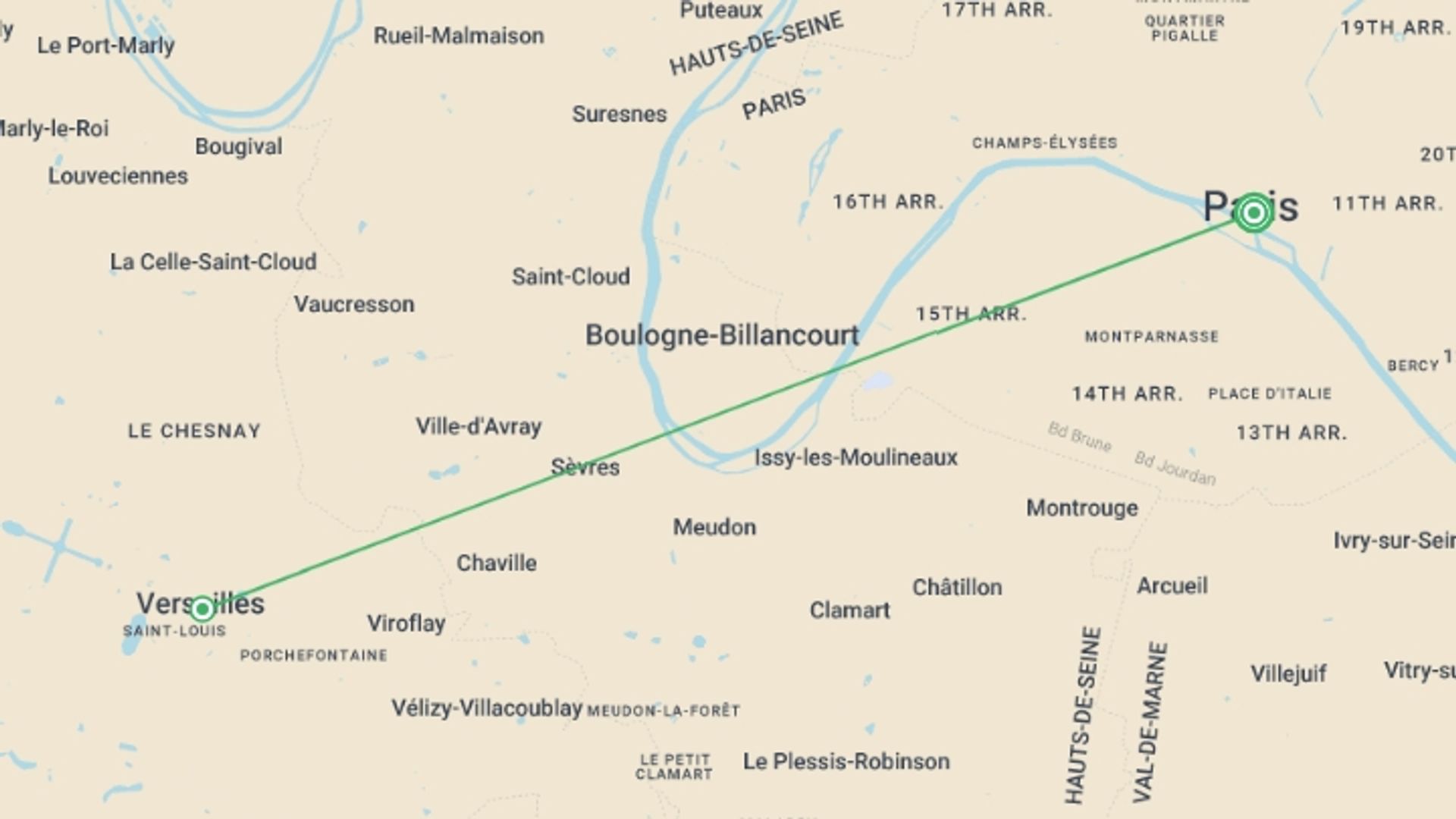 A map showing the tour itinerary for the trip: Paris And Versailles, starting in Paris, France and ending in Paris, France going through 1 other destinations.
