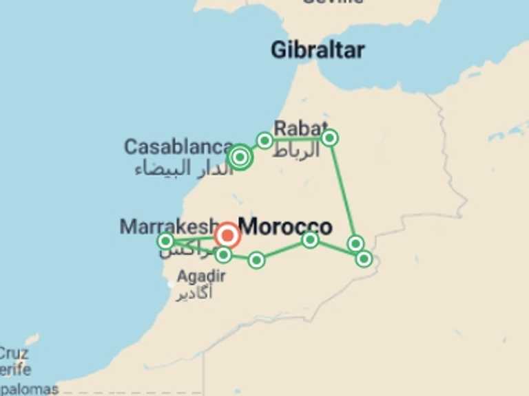 Map itinerary of Mediterranean Tour in July 2026 with 10 destination visits for the trip: Best of Morocco