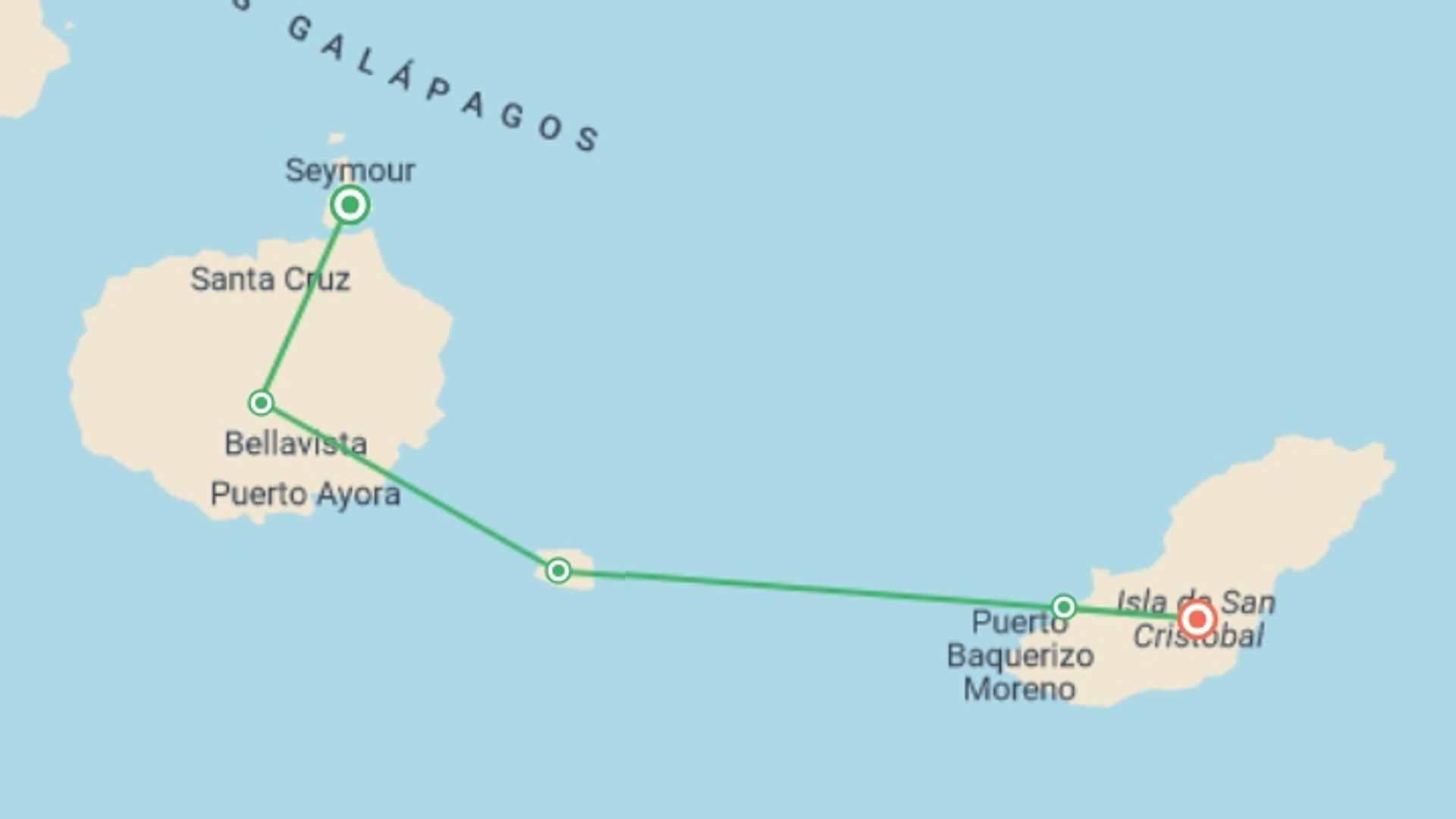 A map showing the tour itinerary for the trip: Galapagos Island Hopping Adventure 5D/4N, starting in Baltra Island, Ecuador and ending in San Cristobal Island, Ecuador going through 4 other destinations.